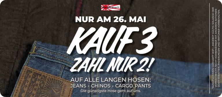 NUR AM 26. MAI. Kauf 3 lange Hosen und zahl nur 2! 👖 Jeans, Chinos & Cargo Pants – die günstigste Hose schenken wir dir. Besuch uns im Laden & sichere dir deine Lieblings-Pieces, bevor sie weg sind. 🚫 Ausgenommen Carhartt WIP
